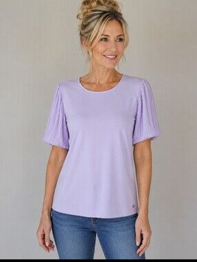 NWT Calvin Klein Lavender Pleated Flutter Short Sleeve Contemporary Top  Large